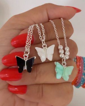 Collar mariposa negra| aguamarina|blanca